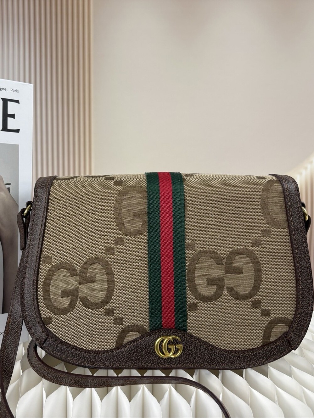 Brown Canvas Crossbody Bag with Green-Red Stripe